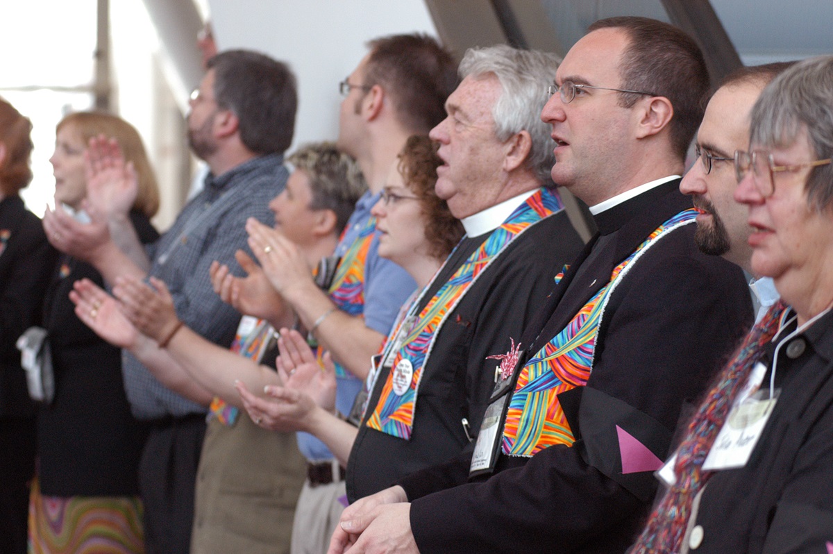 Advocates for gay and lesbian rights protest church policies during the 2004 General Conference in Pittsburgh. A UMNS Photo by John C. Goodwin