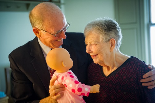 After worship services in the Bethany memory care unit, retired United Methodist Bishop Kenneth Carder goes around the room, greeting each resident by name. Carder is serving as interim chaplain at Bethany, part of the Heritage at Lowman senior community near Columbia, S.C.