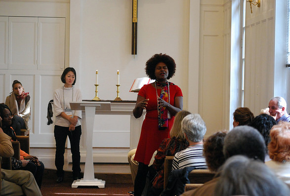 A worship service at The United Methodist Building on Capitol Hill in Washington was part of the Nov. 14-16 Faith and Guns Forum, sponsored by the United Methodist Board of Church and Society. The Rev. Pamela James, pastor of Christ United Methodist Church in Paterson, N.J., was among those sharing about the impact of gun violence. Photo courtesy Church and Society.    