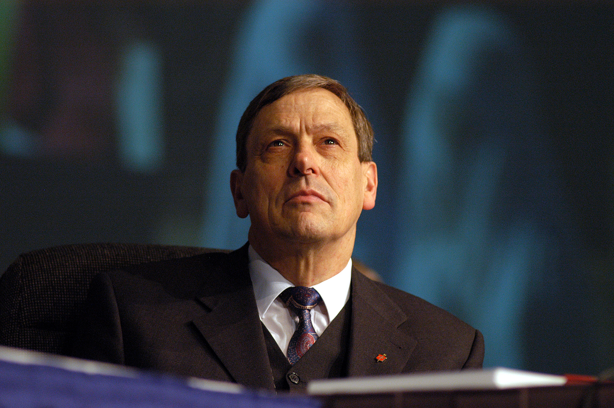 United Methodist Bishop Ruediger R. Minor listens to the episcopal address during the opening day of the denomination's 2004 General Conference in Pittsburgh. Photo by John C. Goodwin, UMNS.