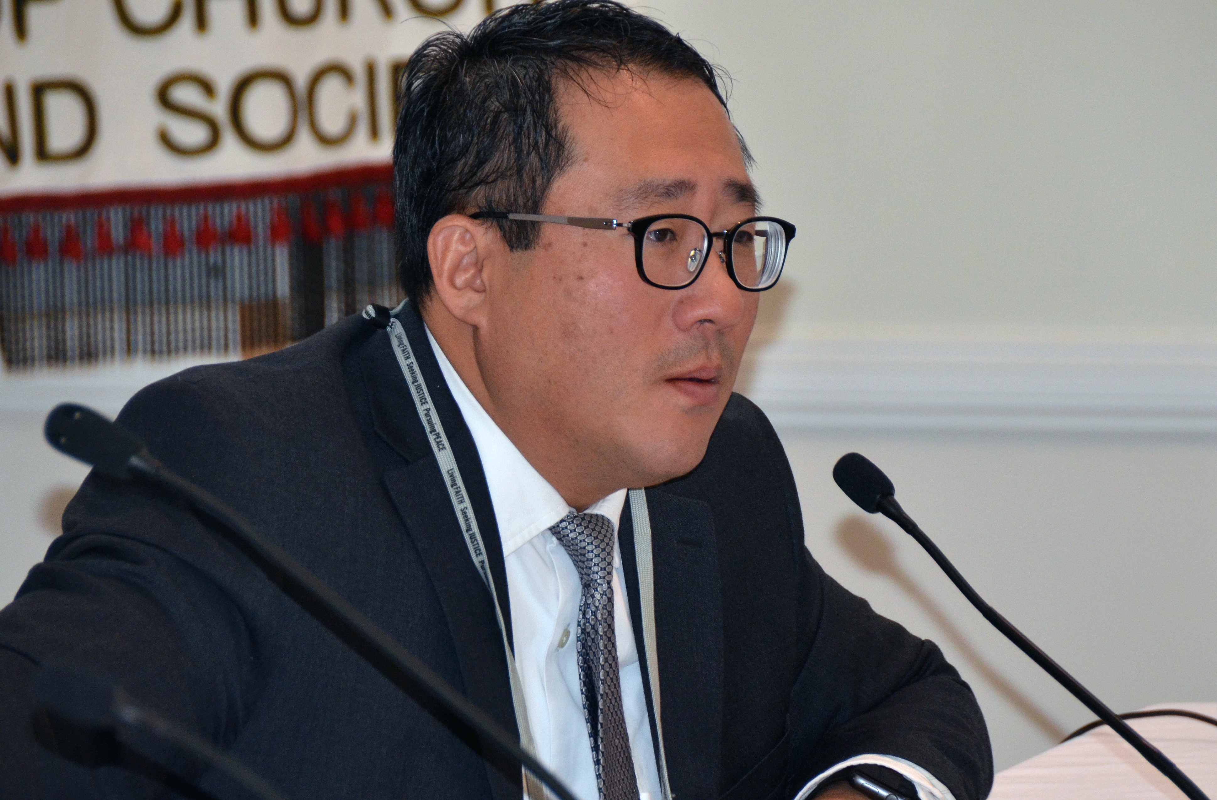 Jae H. Ku, director of the US-Korea Institute at Johns Hopkins University, speaks during the “Peace on the Korean Peninsula” seminar in Washington. More than 60 people came together Nov. 13-15 to learn about the situation from policy experts and to engage their lawmakers on Capitol Hill. Photo by Erik Alsgaard, the Baltimore-Washington Conference.