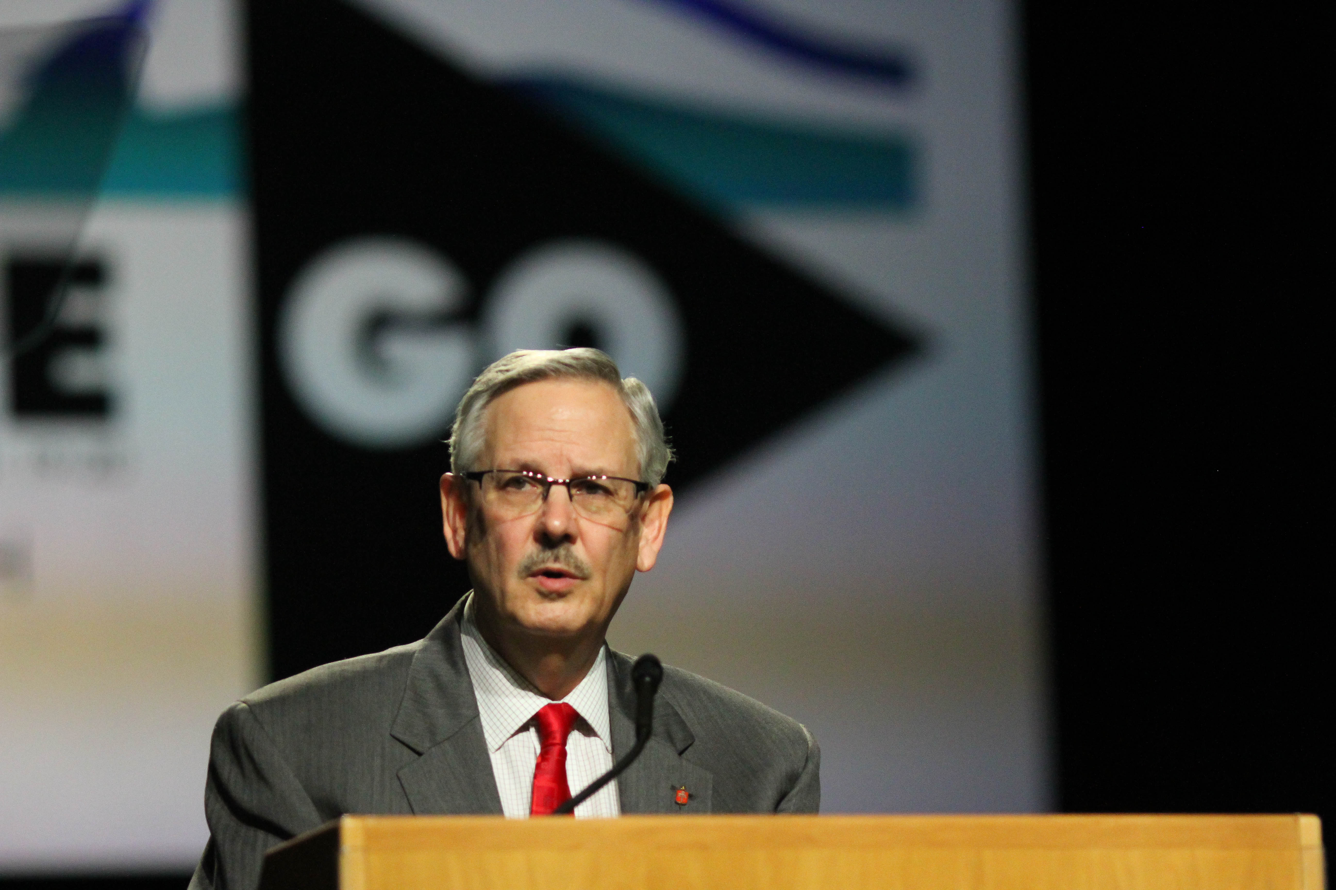 Bishop Bruce R. Ough reads a statement about sexuality and the church from the denomination's Council of Bishops on May 18, 2016, at General Conference in Portland, Ore. Photo by Maile Bradfield, UMNS.