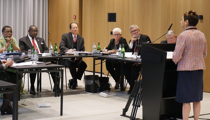 Bishop Cynthia Fierro Harvey addresses the United Methodist Judicial Council meeting in Zurich. The council ruled Oct. 26 that the One Church Plan is largely constitutional but found problems with the Traditional Plan. Photo by Diane Degnan, UMCom.