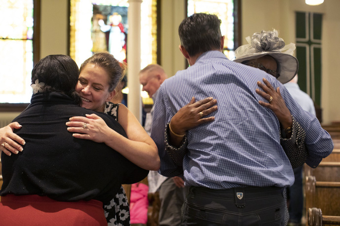Becky Buxton leads the children's lesson on the widow's mite during Sunday service at First United Methodist Church in Salt Lake City.