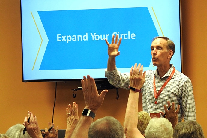 The Rev. Tom Berlin leads a worship service at the Leadership Institute, held at the United Methodist Church of the Resurrection, in Leawood, Kansas, Sept. 25-27. Typically, the annual event offers pragmatic advice to church leaders, but this year the focus was on the future of the denomination. Photo by Sam Hodges, UM News.