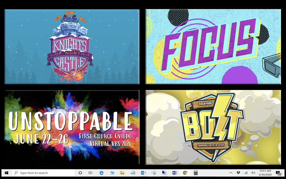 Este año la escuela bíblica vacacional (VBS por sus siglas en inglés) será virtual ya que muchas iglesias están cerradas o apenas reabriendo debido al COVID-19. En la gráfica, de izquierda a derecha y de arriba abajo, logotipos del programa en línea de la VBS, cortesía de Cokesbury, APEX UMC FAMILY, Primera Iglesia Metodista Unida Oviedo, Vamos! Plan de Estudios del Ministerio de Niños/as. Ilustración de Laurens Glass, Noticias MU.