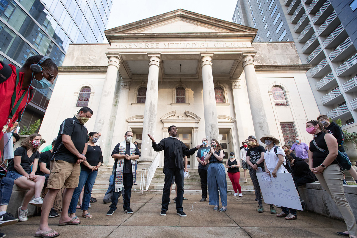 Clergy members gather in prayer during a vigil at McKendree United Methodist Church in Nashville, Tenn., to grieve and remember people lost to acts of racism. The United Methodist Commission on Religion and Race is launching a major initiative on combatting racism on Juneteenth, an American holiday commemorating the emancipation of remaining enslaved African Americans on June 19, 1865. Photo by Mike DuBose, UM News.