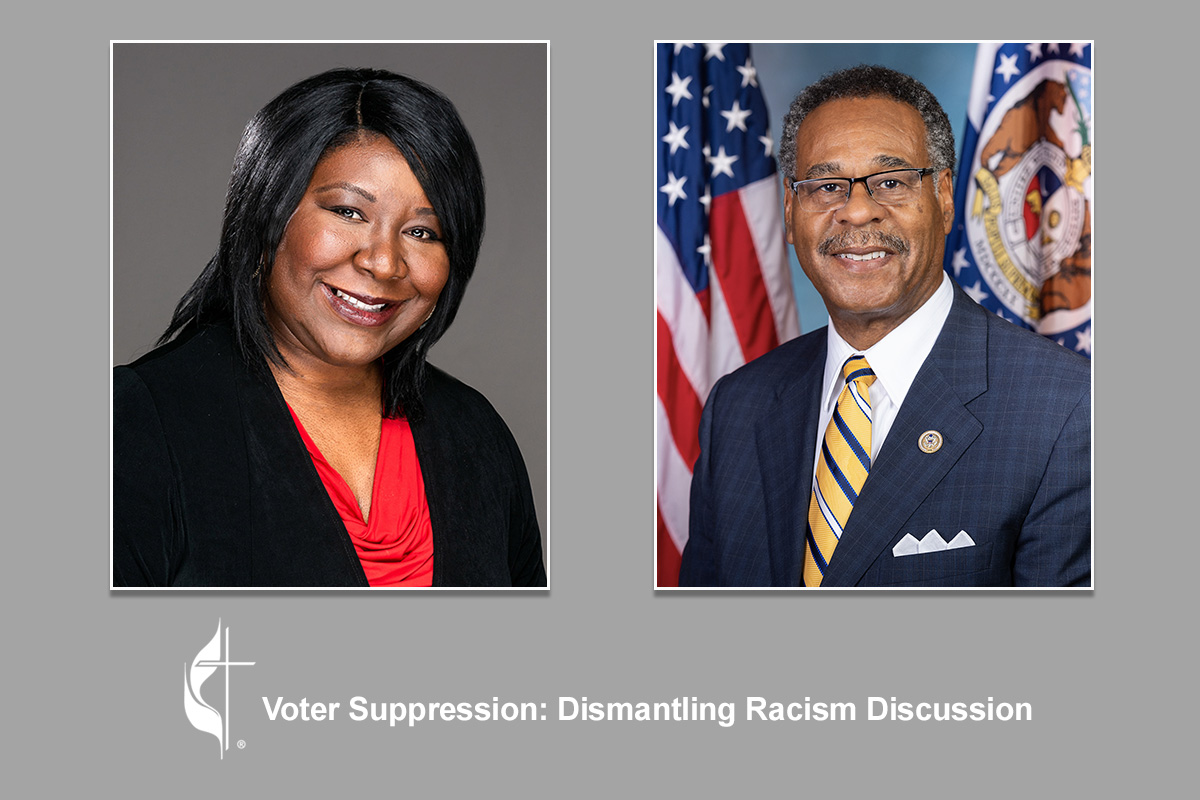 Rep. Emmanuel Cleaver II (right) spoke with Erin Hawkins during The United Methodist Church’s fifth online discussion about eradicating racial injustice. Cleaver, a United Methodist pastor who represents Missouri’s 5th Congressional District, said he is heartened by diverse crowds of young people coming together to march against racism. UM News graphic.