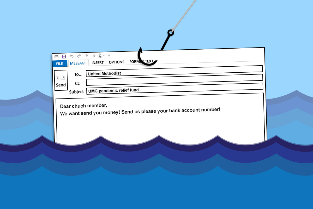 연합감리교회와 교인들을 대상으로 컴퓨터에 바이러스를 설치하거나 개인 정보 또는 돈을 요구하는 피싱 이메일을 주의하라고 경고했다. 그래픽, 로렌스 글래스, 연합감리교뉴스; 낚시 바늘,트위덴스키; 파도, 해나 엣지맨, 사진 출처, 픽사베이. 