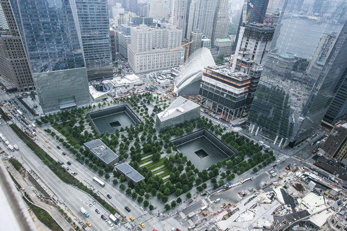 Located on eight acres of the 16-acre World Trade Center complex in New York City, the 9/11 Memorial is a place of remembrance and contemplation. The focal points of the Memorial are two pools, each nearly an acre in size, that sit in the footprints of the former North and South Towers. The names of the 2,983 people who were killed in the 2001 and 1993 terrorist attacks are inscribed on bronze parapets edging the memorial pools. Photo by Jin Lee, courtesy of the National 9/11 Memorial & Museum.