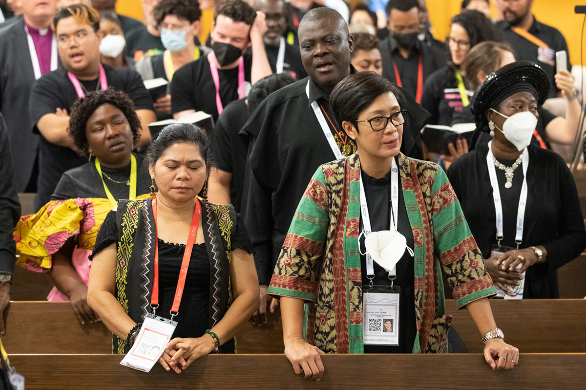 Members of World Methodist Council denominations gather for a time of fellowship at the United Methodist Church of the Redeemer (Erlšserkirche in German) in Karlsruhe, Germany, during the World Council of Churches' 11th Assembly. The assembly took place Aug. 31 to Sept. 8 under the theme "Christ's Love Moves the World to Reconciliation and Unity." Photo by Mike DuBose, UM News.