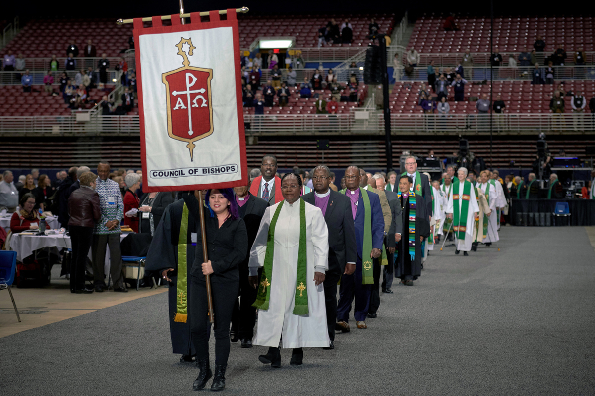 Bishops process into worship at the 2019 special session of the General Conference held in St. Louis. Amid increasing church disaffiliations, bishops are speaking out to address misinformation they say is being spread about The United Methodist Church’s future. File photo by Paul Jeffrey, UM News.