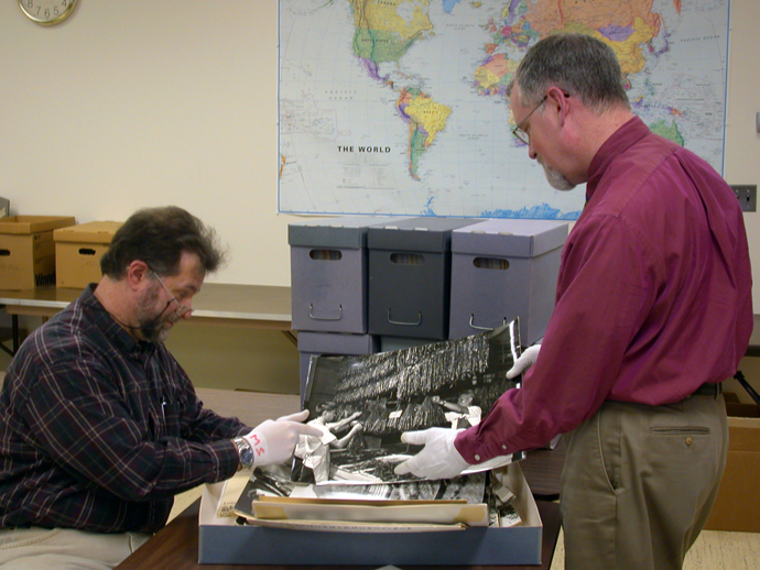 Mark Shenise and Dale Patterson work on processing an archival collection at the United Methodist Archives and History Center in Madison, N.J. Records maintained by the denomination are accessible to anybody, not just United Methodists. Photo courtesy of United Methodist Archives and History.