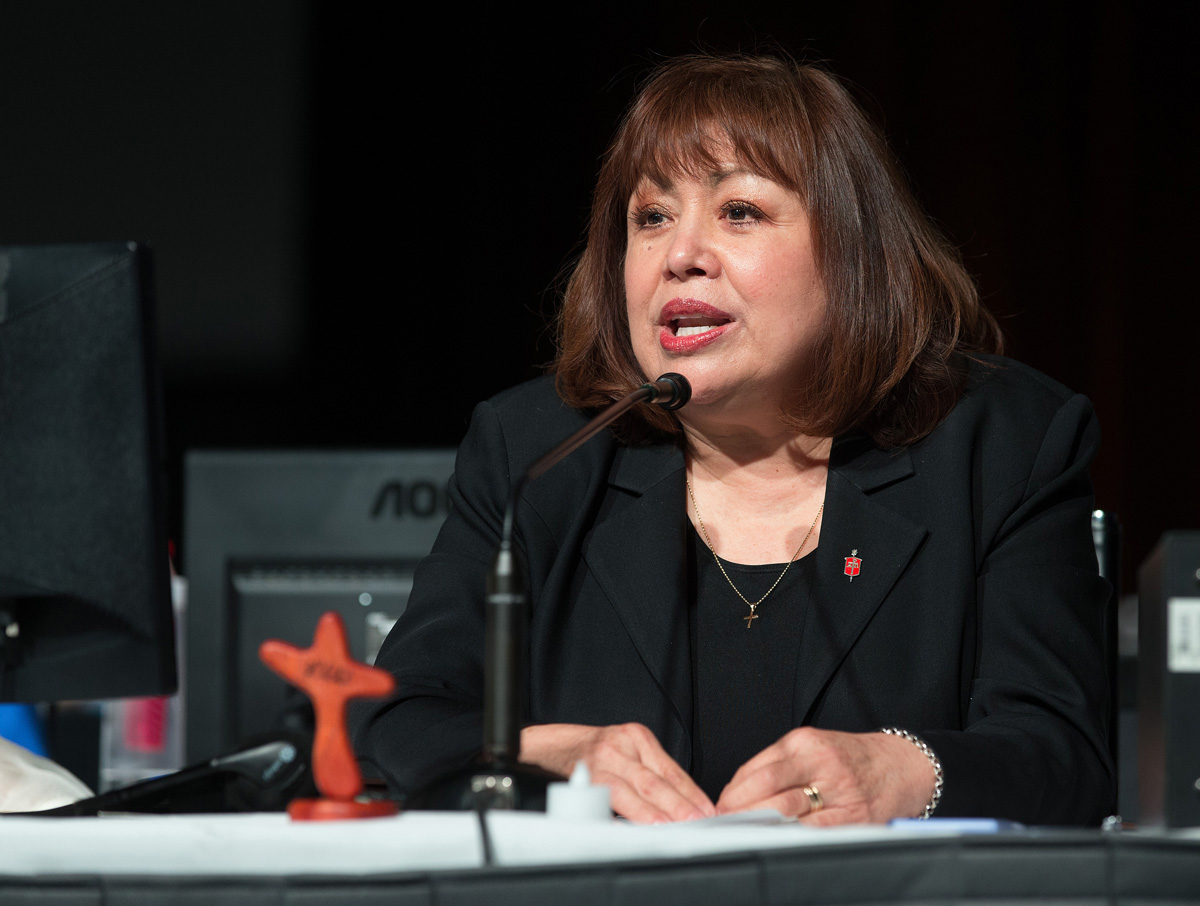 Bishop Minerva Carcaño presides over a May 19 session of the 2016 United Methodist General Conference in Portland, Ore. The United Methodist Commission on the Status and Role of Women is asking to serve as a monitor in the church complaint process involving Carcaño, who has been suspended for more than a year. File photo by Mike DuBose, UM News.