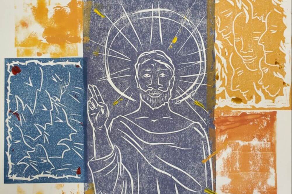 "Sanhedrin tries Jesus," woodblock print created by Dreama Lovitt for Holy Week Art Walk at West Market Street United Methodist Church. Photo courtesy of West Market Street UMC.