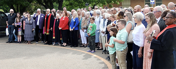 Members and friends of the new Amarillo United Methodist Church, in Amarillo, Texas, gather for a group photo on June 4, following a worship service and chartering conference. The church is meeting at Amarillo’s St. Luke Presbyterian Church. Photo by Sam Hodges, UM News.