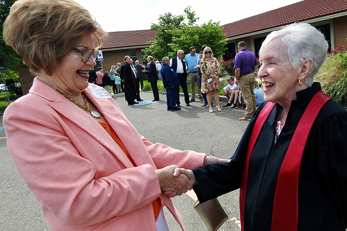 Susie Breitling visits with the Rev. Margie McNeir, after the chartering conference for the Amarillo United Methodist Church, in Amarillo, Texas. Breitling is leading a new United Methodist worshipping community in Dalhart, Texas, and McNeir took the lead in starting Amarillo United Methodist, after other United Methodist churches in the city moved to disaffiliate. Photo by Sam Hodges, UM News.
