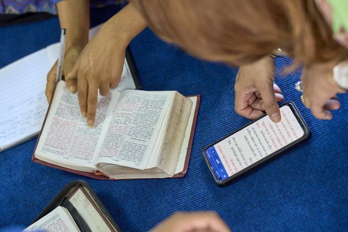 Women engage in Bible study during a seminar on women and leadership on May 23 at Hebron United Methodist Church in Lalitpur, Nepal. The workshop was co-sponsored by United Women in Faith. Photo by Paul Jeffrey, UM News.