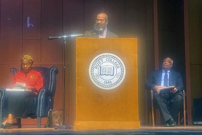 The Rev. Domini Henry (center), associate pastor of Anderson United Methodist Church in Jackson, Miss., and co-chair of End Racism for Good, a campaign by the Mississippi Conference, speaks March 2, 2024, at Rust College in Holly Springs, Miss., during one of five 2024 Freedom Trail events that are part of the campaign. The Rev. Cynthia Davis (left) was the featured speaker, and the Rev. Zachary Beasley (right) also participated. Photo by Jim Patterson, UM News.