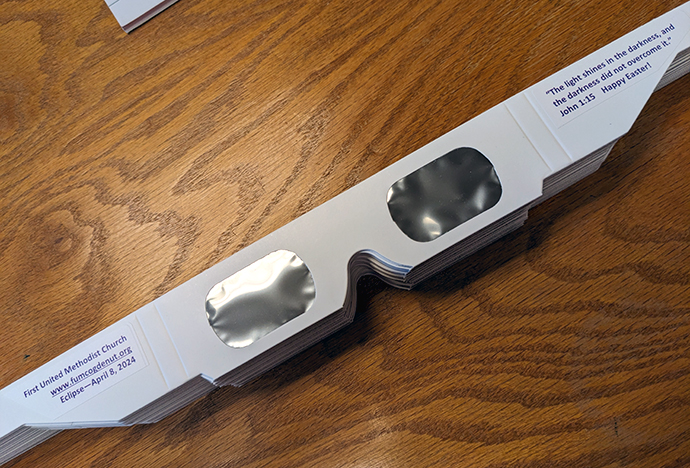 First United Methodist Church in Ogden, Utah, is handing out eclipse-viewing glasses ahead of the April 8 solar eclipse. They come with a Bible verse. Photo courtesy of First United Methodist Church of Ogden.