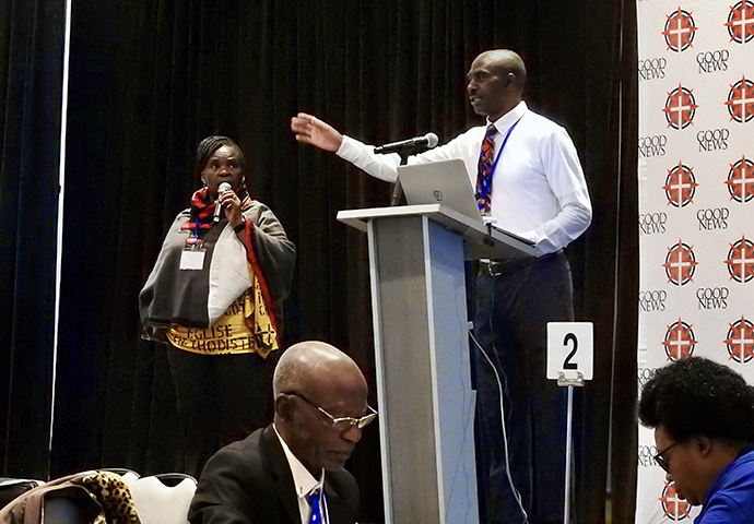 Simon Mafunda of Zimbabwe speaks at a Good News legislative breakfast on April 24 in Charlotte, N.C. Good News, an unofficial traditionalist caucus in The United Methodist Church, has been among groups advocating at General Conference. Photo by Sam Hodges, UM News.