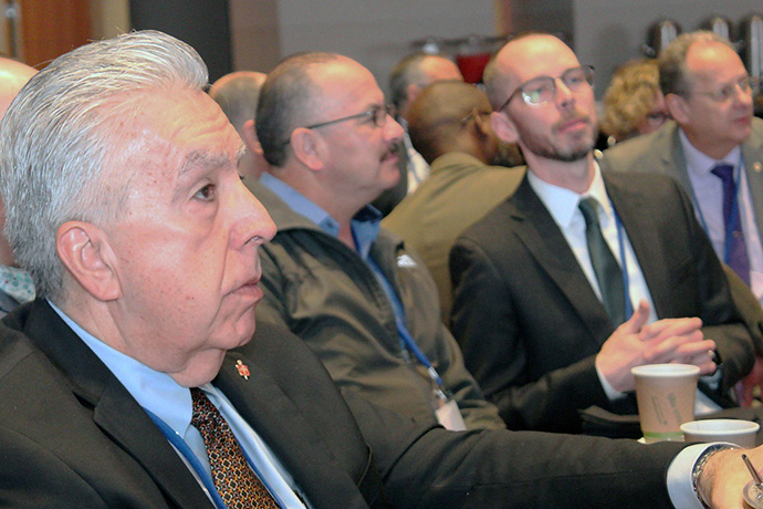 Da esquerda para a direita: Bispo Ruben Saenz (Conferência Anual Central do Texas), Bispo Silvio Ceballos (Igreja Evangélica Metodista Unida no Equador), Adam Hodge (GBGM) e Bispo Marcos Antonio Garcia (Igreja Metodista do Brasil). Foto Rev. Gustavo Vasquez, Notícias MU.