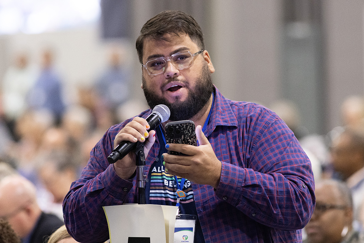 Delegate Ian Urriola of the Upper New York Conference asks for a declaratory decision from the United Methodist Judicial Council regarding the required membership of the Commission on the General Conference during The United Methodist Church’s legislative assembly April 29 in Charlotte, N.C. Photo by Mike DuBose, UM News.
