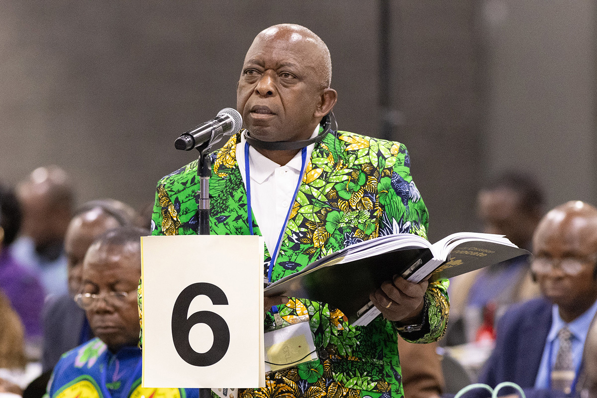 The Rev. Guy Nyembo of the North Katanga Conference speaks during the United Methodist General Conference in Charlotte, N.C. Photo by Mike DuBose, UM News.