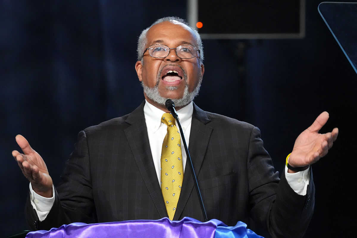 Fredrick Brewington, New York Conference, presents the Jurisdictional Study Committee report during a plenary session April 30 at the United Methodist General Conference in Charlotte, N.C. Photo by Larry McCormack, UM News.