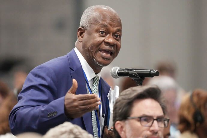 The Rev. Julius S. Nelson of the Liberia Conference speaks during the United Methodist General Conference in Charlotte, N.C., on May 1. Photo by Larry McCormack, UM News.