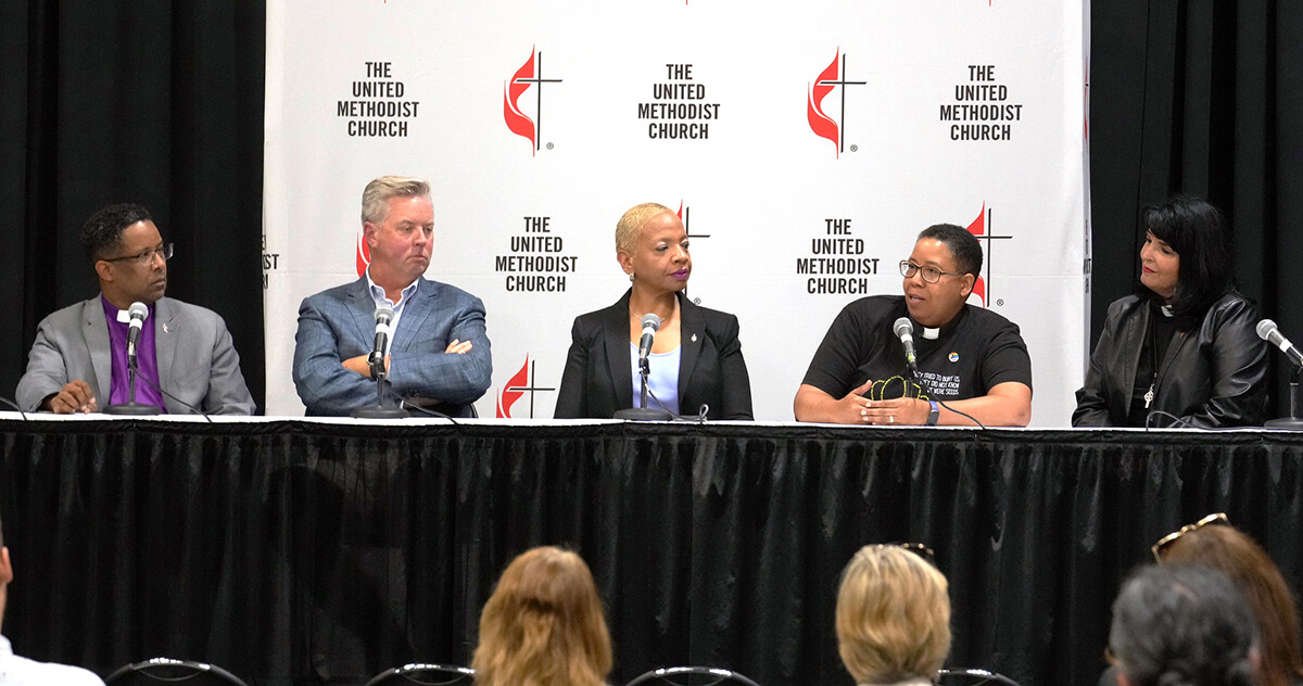 From left, Bishop Cedrick D. Bridgeforth, the Rev. John Stephens, Bishop Tracy S. Malone, the Rev. Effie McAvoy and Bishop Connie Shelton talk about the future of The United Methodist Church at a press conference May 2 at General Conference in Charlotte, N.C. Photo by Larry McCormack, UM News.