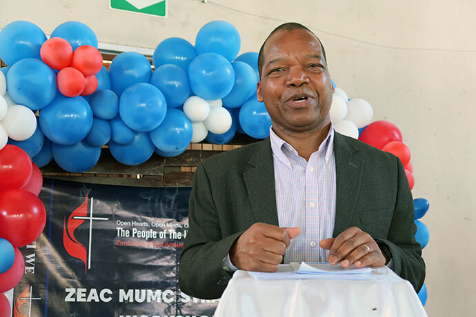 John P. Mangudya, former central bank governor in Zimbabwe, addresses men’s organization leaders from the Zimbabwe East Conference and its seven districts. He said Mubvuwi we United Methodist Church is a brand that has to be maintained and members should embark on new viable programs. Photo by Eveline Chikwanah, UM News.