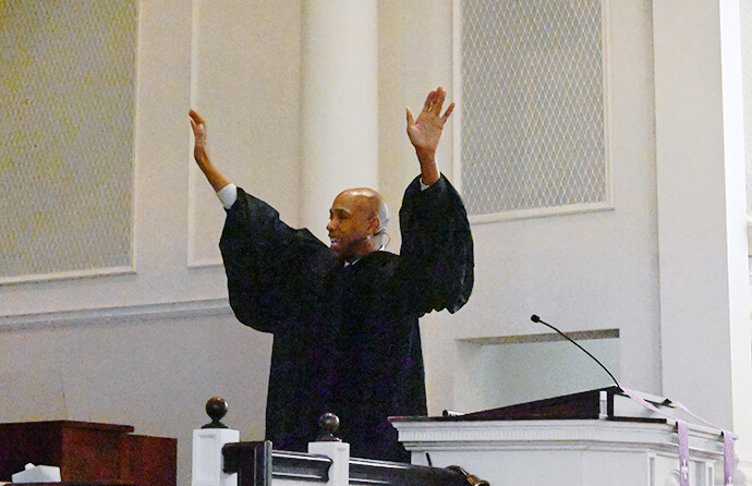 The Rev. Tony Phillips, associate pastor of Bethany United Methodist Church, helps lead worship during Sunday services on March 10 at the church in Smyrna, Ga. Phillips is a former marketing executive with The Coca-Cola Company who changed career paths and is now focused on community outreach at the church. Photo by Jim Patterson, UM News.