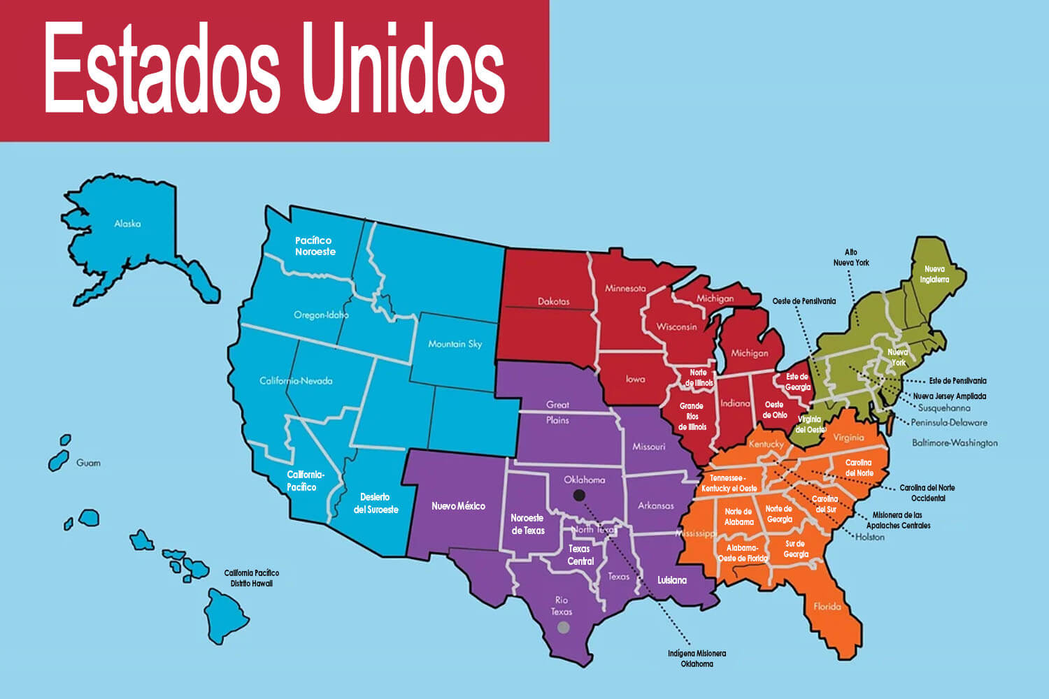 Mapa de jurisdicciones de EE. UU., áreas episcopales y conferencias anuales. Comunicaciones Metodistas Unidas.