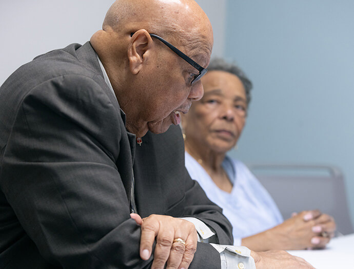 Bishop Alfred Norris and Mackie Norris reflect on the significance of Gammon Theological Seminary in Atlanta. Photo by Mike DuBose, UM News.