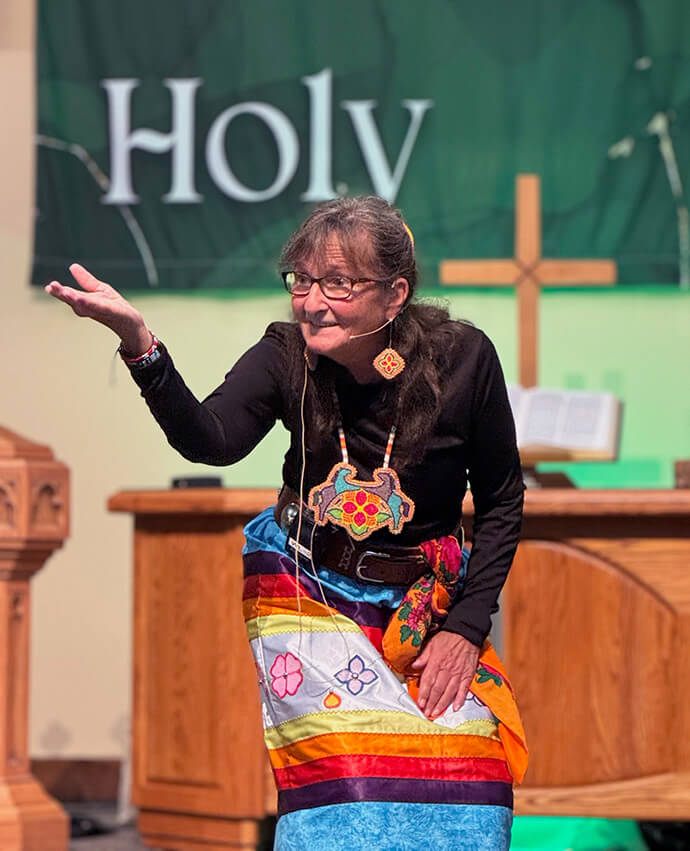 Ragghi Rain Calentine, chairperson of The United Methodist Church’s Native American International Conference, practices the spiritual art of storytelling during the 10th Historical Convocation in Bozeman, Mont. During closing worship on Sept. 11 at Bozeman United Methodist Church, she shared one story that reminds of past harm and another story that calls for action. The theme of the Sept. 10-13 gathering was “Methodist BIPOC Experiences in the American West.” Photo by Tara Barnes, United Women in Faith.