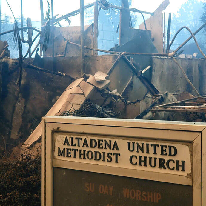 The sign still stands for Altadena United Methodist Church in Altadena, Calif., but not much else after wildfires devastated the area. Photo by the Rev. Garth Gilliam, district superintendent, California-Pacific Conference.