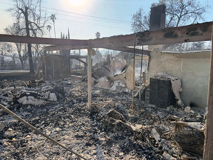 Part of a wall and a few beams remain after fire gutted Altadena United Methodist Church in Altadena, Calif. Photo by the Rev. Garth Gilliam, district superintendent, California-Pacific Conference.