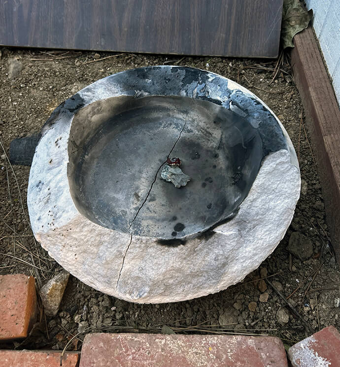 The basin of the baptismal font at Community United Methodist Church in Pacific Palisades, Calif., survived the fire’s destruction. Photo by the Rev. John Shaver, California-Pacific Conference.
