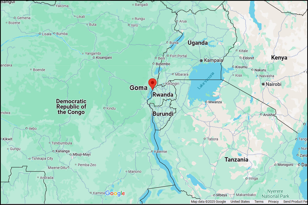 Au moins 100 personnes, dont huit Méthodistes Unis, ont été tuées dans les combats à Goma, au Congo, entre les forces armées congolaises et les rebelles M23 soutenus par le Rwanda. La situation sécuritaire n'a cessé de se détériorer depuis la grande offensive du M23 le 23 janvier. Avec l'aimable autorisation de Google Maps.