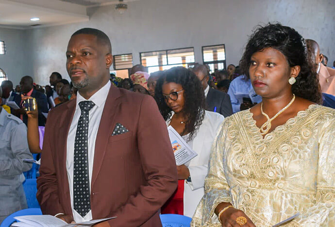 Jean-Claude Mukaz A. Mushid and Perpétue Mankand Mukaz attend worship at Mont Morija United Methodist Church in Lubumbashi, Congo. The family donated the funds to build the new sanctuary in the South Congo Conference, and the building has been dedicated as ''Mont Morija Mémorial Mukaz A. Mushid'' in their honor. Mushid is lay leader of the church’s Jerusalem District. Photo courtesy of the Jerusalem District.