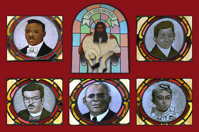 Windows from the original Mother African Zoar United Methodist Church building in Philadelphia depict Jesus Christ, the Good Shepherd and early clergy and lay leaders. The windows are currently in protective storage. Photos by John Coleman, UM News.