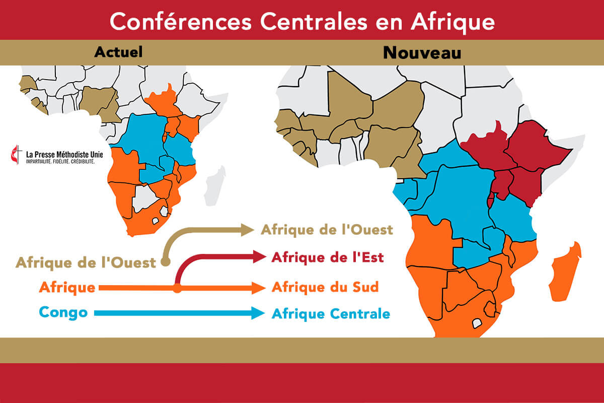 L'Église Méthodiste Unie se dote d'une nouvelle carte en Afrique. Lorsque la Conférence centrale d'Afrique se réunira du 13 au 17 mars à Johannesburg, elle se scindera pour former les Conférences Centrales d'Afrique Australe et d'Afrique de l'Est. Les Conférences Centrales sont chargées d'élire les Évêques et d'adapter le Livre de Discipline à leur contexte missionnaire. Graphique de Ben Ward, UM News.