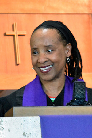 Bishop Kennetha J. Bigham-Tsai, who leads the Iowa and Illinois Great Rivers conferences, preaches during opening worship at BMCR’s 58th General Meeting at Holman United Methodist Church in Los Angeles on March 19. Photo by John W. Coleman, UM News. 