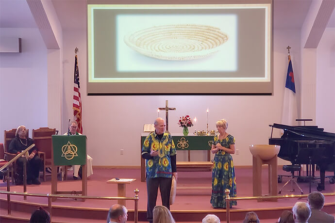 The Rev. Jonathan Baker and Donna Baker speak about the Congo Partnership at Powellville United Methodist Church in Pittsville, Md., in 2019. Powellville, in the Peninsula-Delaware Conference, is one of many local churches that support the partnership. Photo courtesy of the Bakers. 