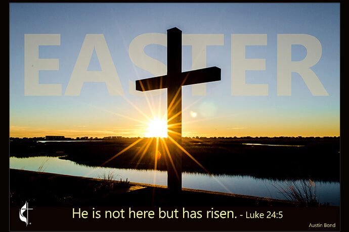 Sunrise behind the cross at Belin Memorial United Luke 24:5 Why do you look for the living among the dead? He is not here but has risen. Austin Bond Photography. Graphic by Laurens Glass, UM News. Austin Bond Photography. Taken January 5, 2017. See more cross photos at www.facebook.com/AustinBondPhotography. Please email Austin at austinebond@yahoo.com to use photo, and send him a link or copy of the final project that features his credited photo.