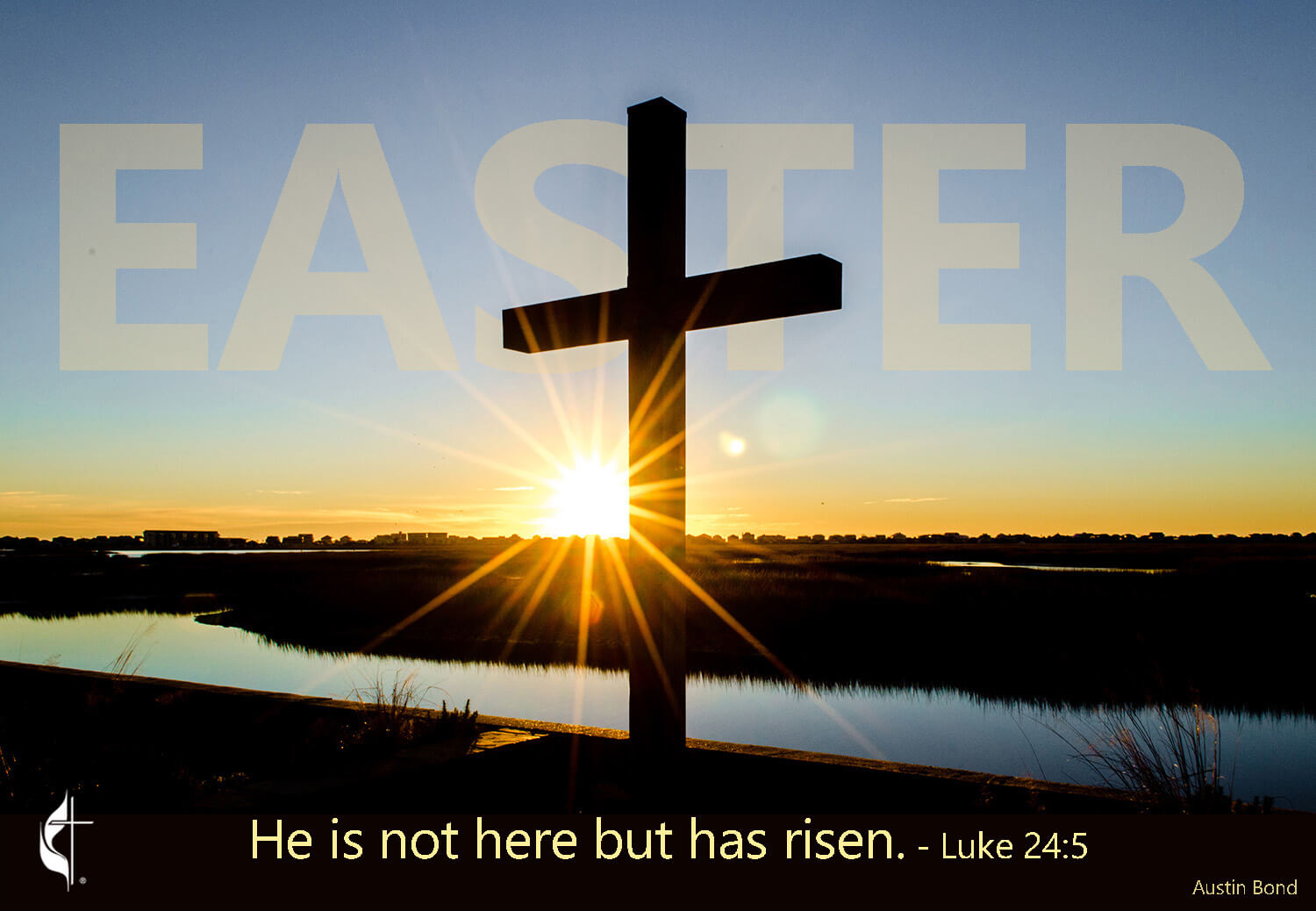 Sunrise behind the cross at Belin Memorial United Luke 24:5 Why do you look for the living among the dead? He is not here but has risen. Austin Bond Photography. Graphic by Laurens Glass, UM News. Austin Bond Photography. Taken January 5, 2017. See more cross photos at www.facebook.com/AustinBondPhotography. Please email Austin at austinebond@yahoo.com to use photo, and send him a link or copy of the final project that features his credited photo.