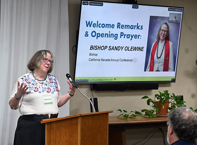 Bishop Sandra Olewine speaks March 26 at the California-Nevada Summit on Fossil Fuel Divestment, held at the California-Nevada Conference Center in West Sacramento, Calif. Participants crafted a statement pledging to divest from fossil fuel investments to help heal the environment. Photo by Jim Patterson, UM News.