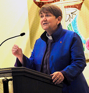 Retired Bishop Karen Oliveto, chair of the Center for LGBTQ+ United Methodist Heritage, speaks during a May 1 inclusion celebration at Dallas’ Green Hills United Methodist Church. Photo by Sam Hodges, UM News. 