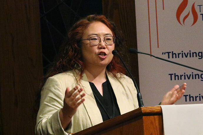 The Rev. Mirhang Baek, associate pastor at Good Shepherd United Methodist Church in Dale City, Va., shares her perspective on the unique challenges faced by Asian American clergywomen during the Southeastern Jurisdiction gathering at the Korean United Methodist Church of Greater Washington. Photo by Rev. Thomas E. Kim, UM News.